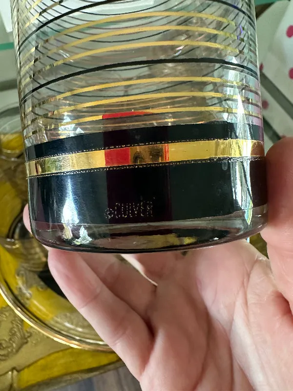 Vintage Culver Glasses and Tray Set, Black and Gold Stripe, 8 Lowball Glasses