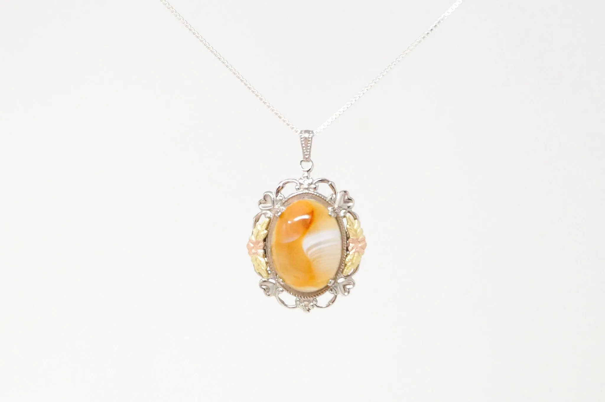 Vintage Designer LSP Co Orange Lace Agate 12k Gold Sterling Silver Pendant