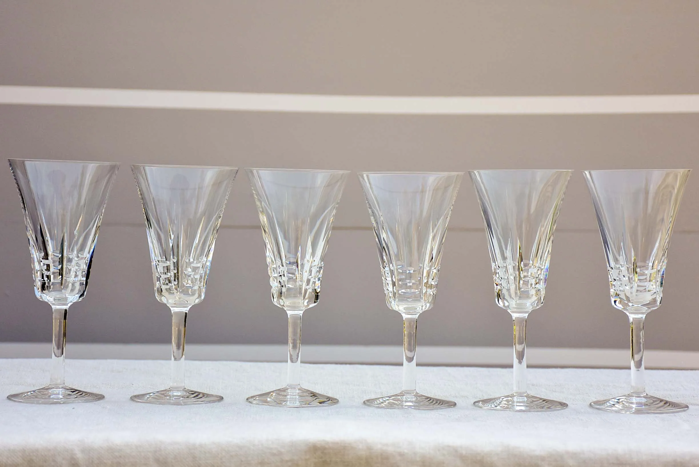 Vintage French crystal set of wine glasses, carafe and knife rests