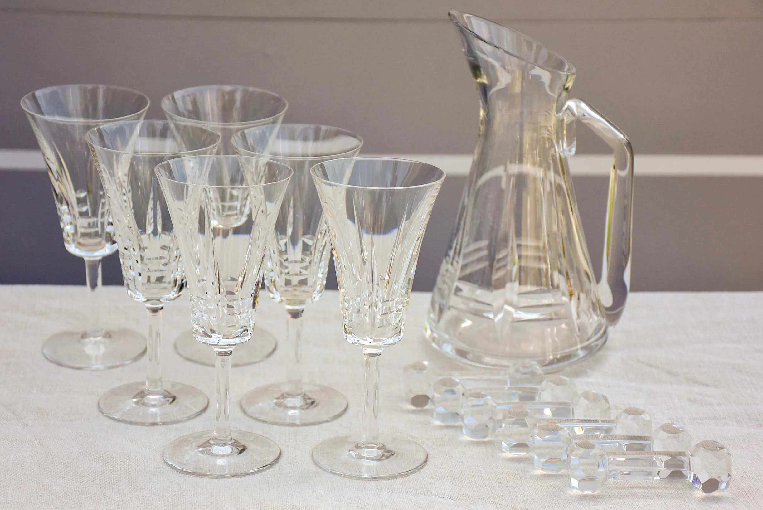 Vintage French crystal set of wine glasses, carafe and knife rests