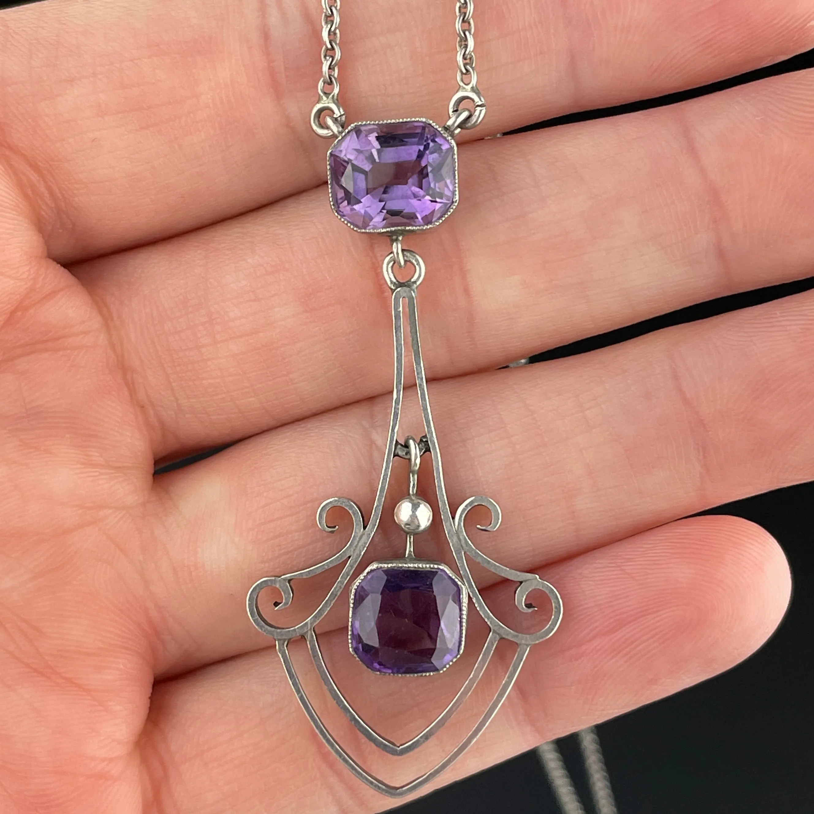 Vintage Silver Art Deco Amethyst Pendant Necklace