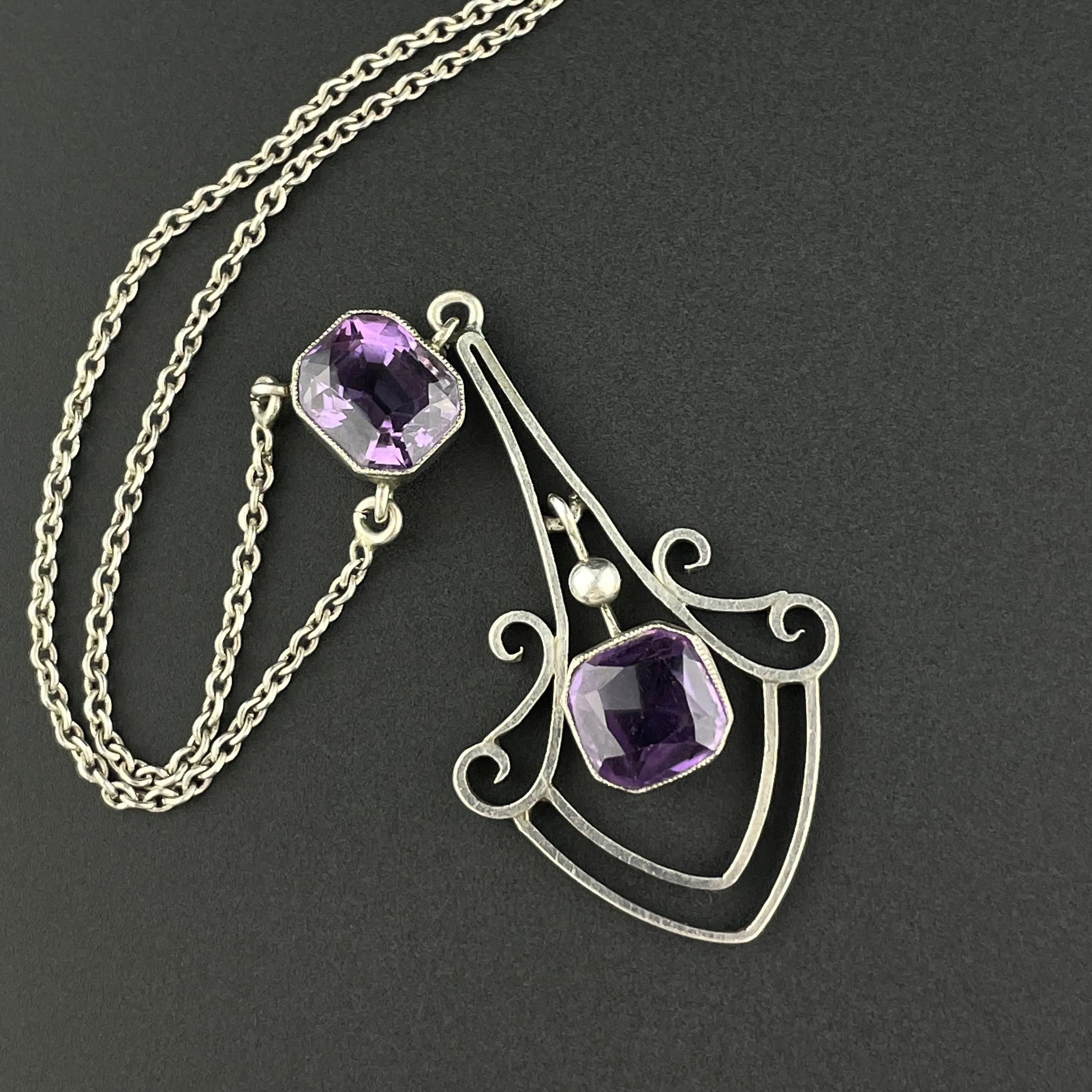 Vintage Silver Art Deco Amethyst Pendant Necklace