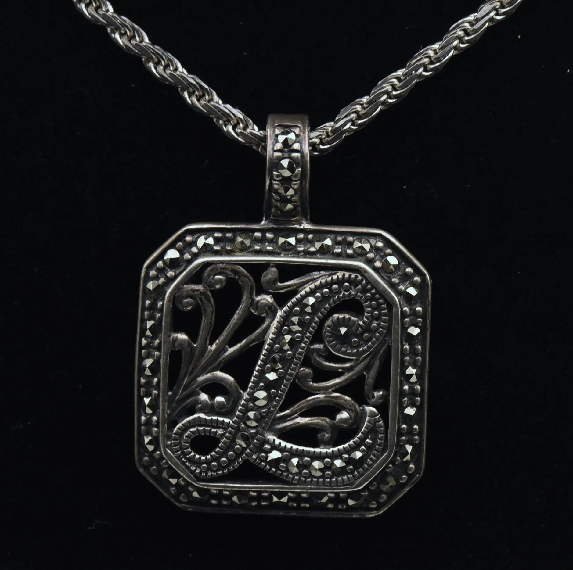 Vintage Sterling Silver "L" Monogram Marcasite Pendant Chain Necklace - 24"