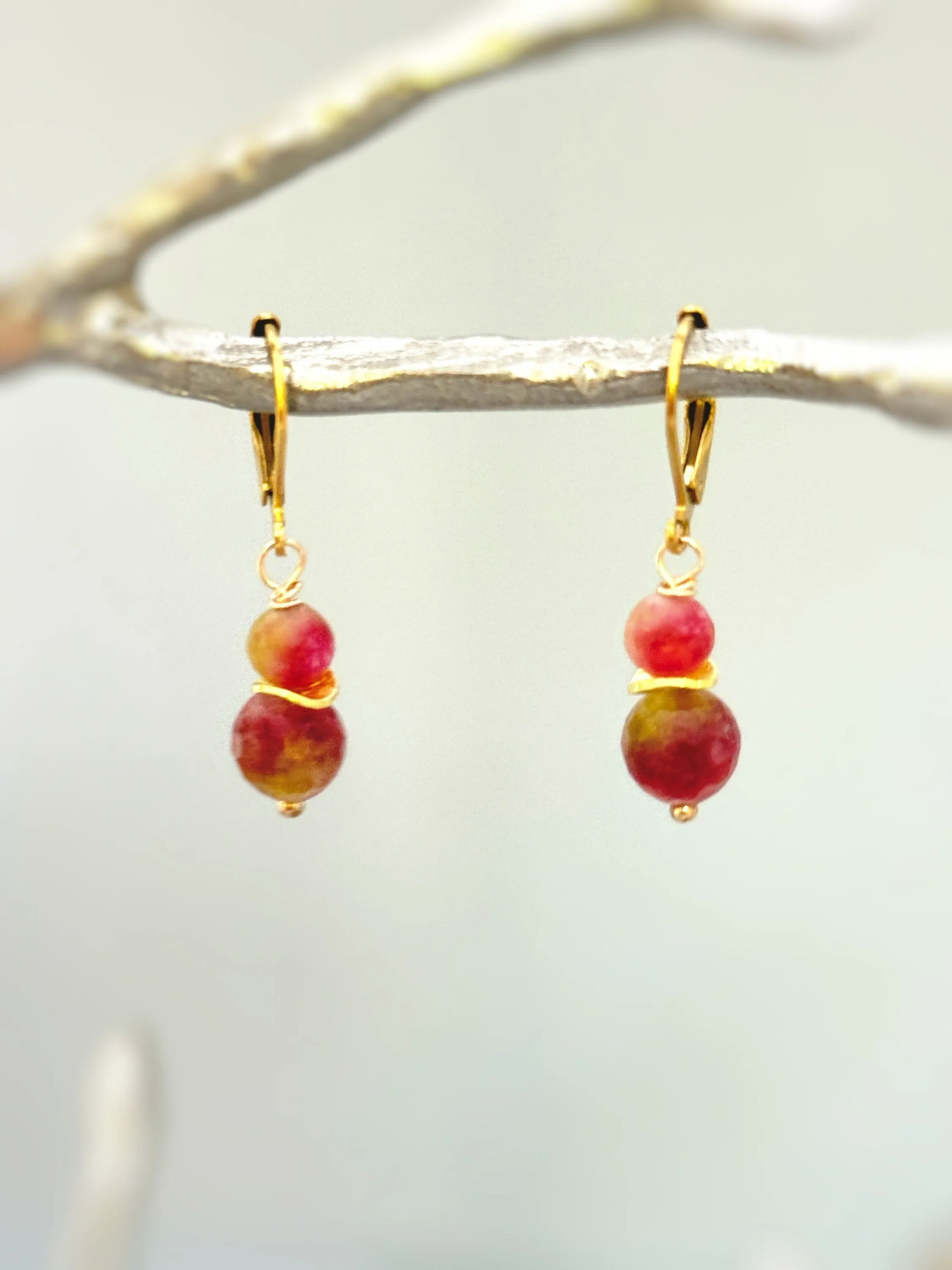 Watermelon Tourmaline Quartz Earrings dangle gold, silver