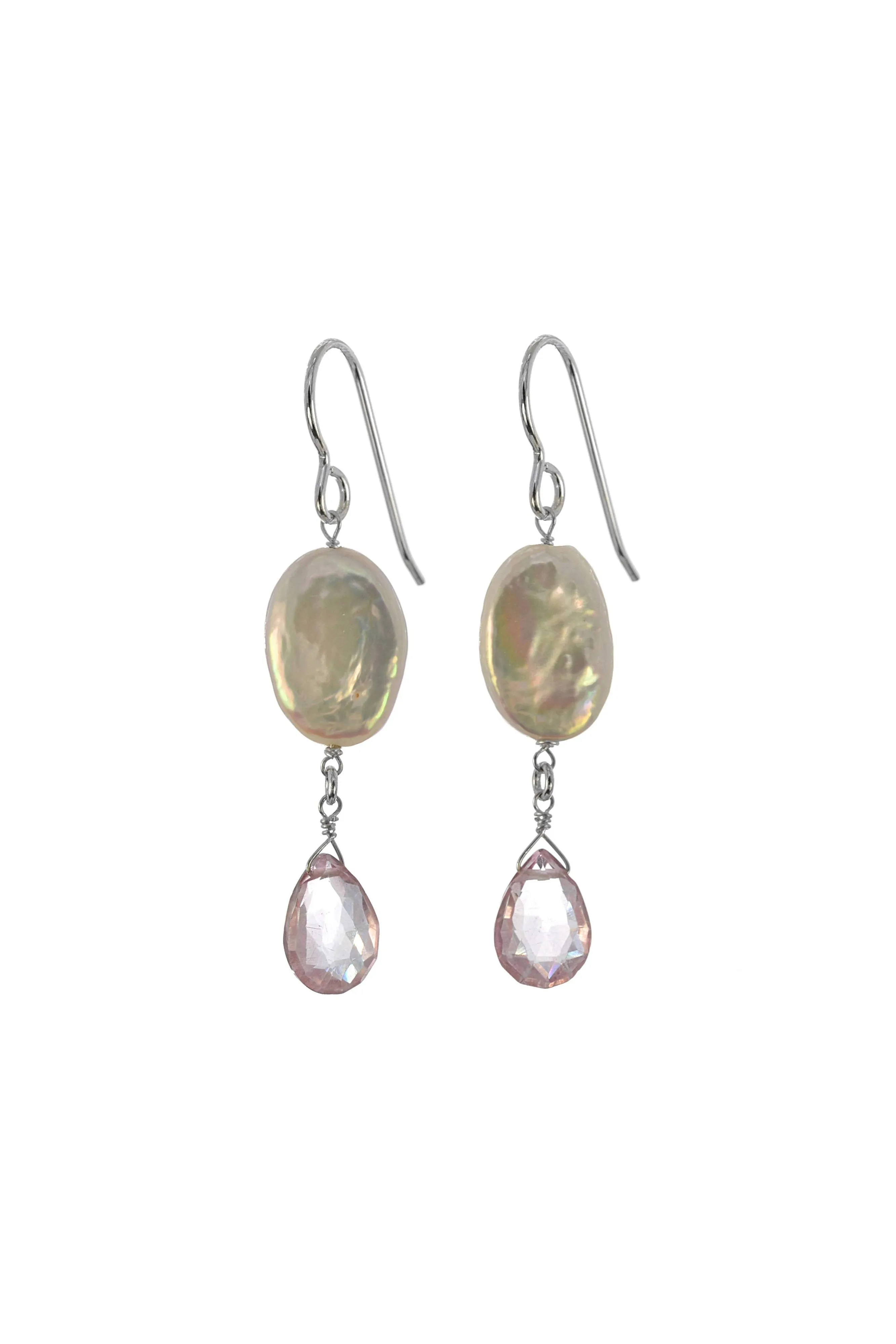 White Coin Pearl, Pink Quartz Long Dangle Earrings