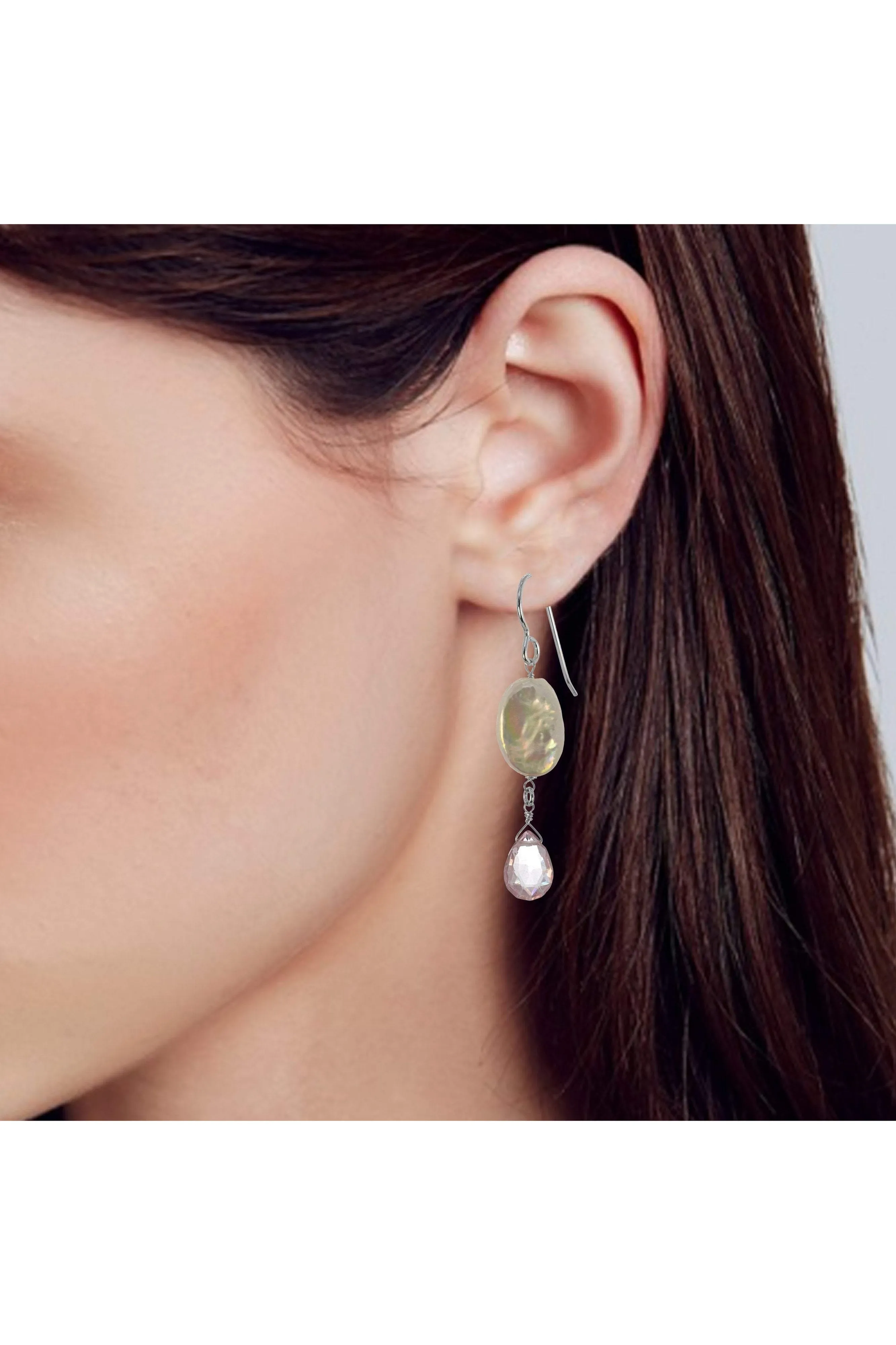 White Coin Pearl, Pink Quartz Long Dangle Earrings