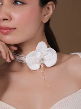 White Floral Lace Choker Necklace with Pearl Detailing