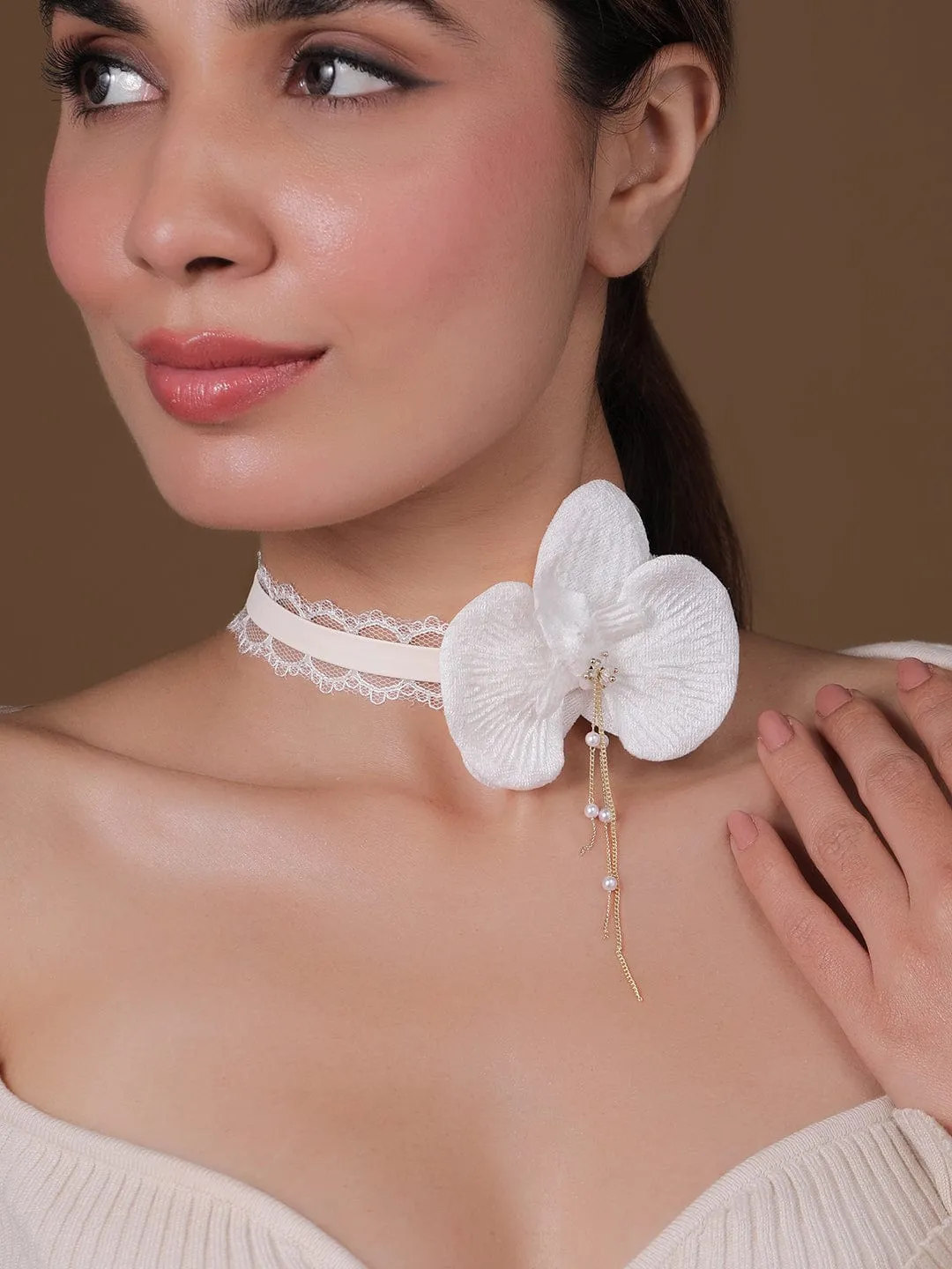 White Floral Lace Choker Necklace with Pearl Detailing