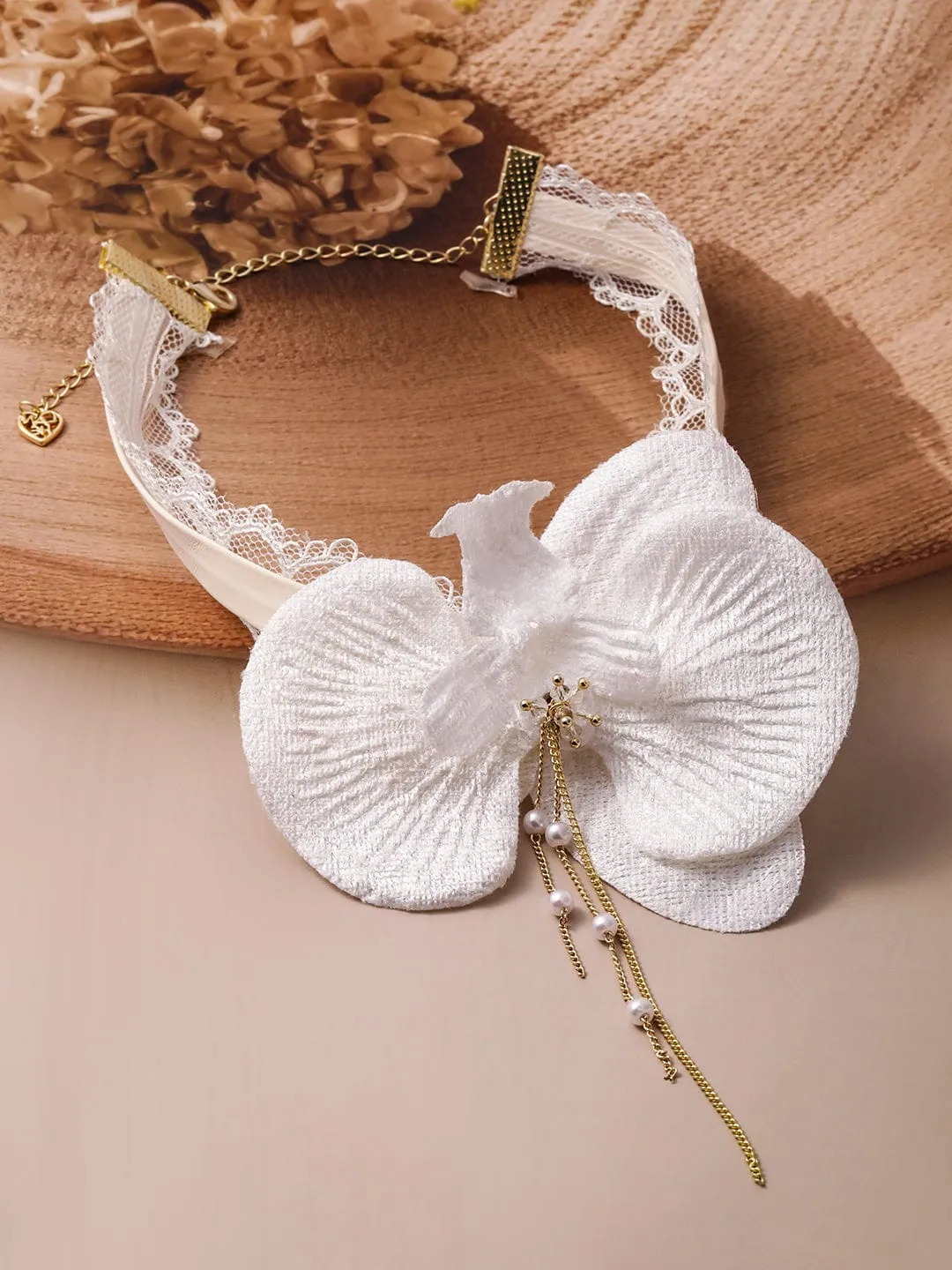 White Floral Lace Choker Necklace with Pearl Detailing