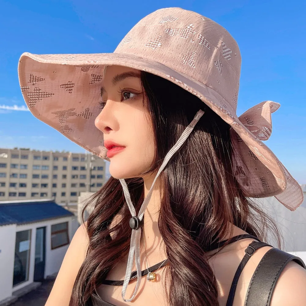 Women Summer Sun Hat Fashion Bow Butterfly Print Sun Cap Female Outdoor Sun Protection Travel Beach Bucket Hat