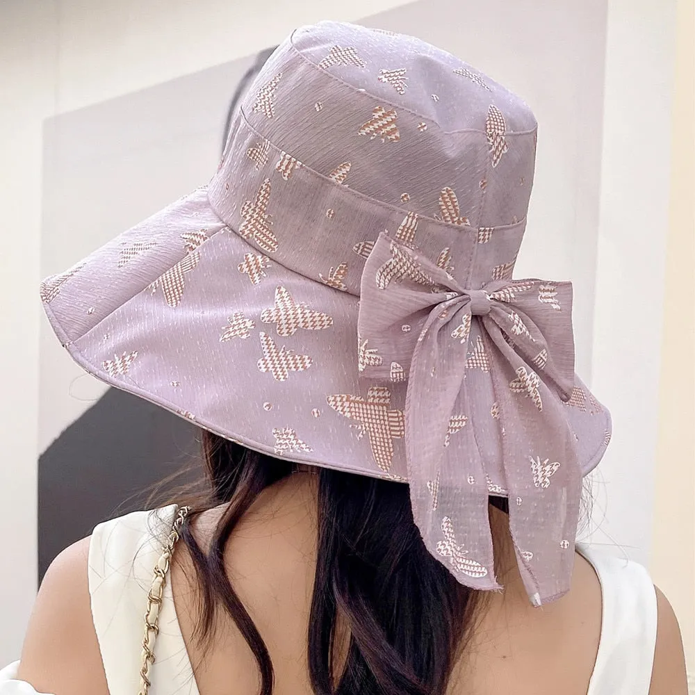 Women Summer Sun Hat Fashion Bow Butterfly Print Sun Cap Female Outdoor Sun Protection Travel Beach Bucket Hat