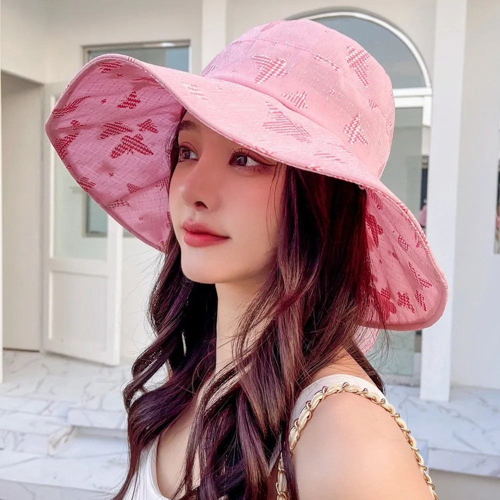 Women Summer Sun Hat Fashion Bow Butterfly Print Sun Cap Female Outdoor Sun Protection Travel Beach Bucket Hat