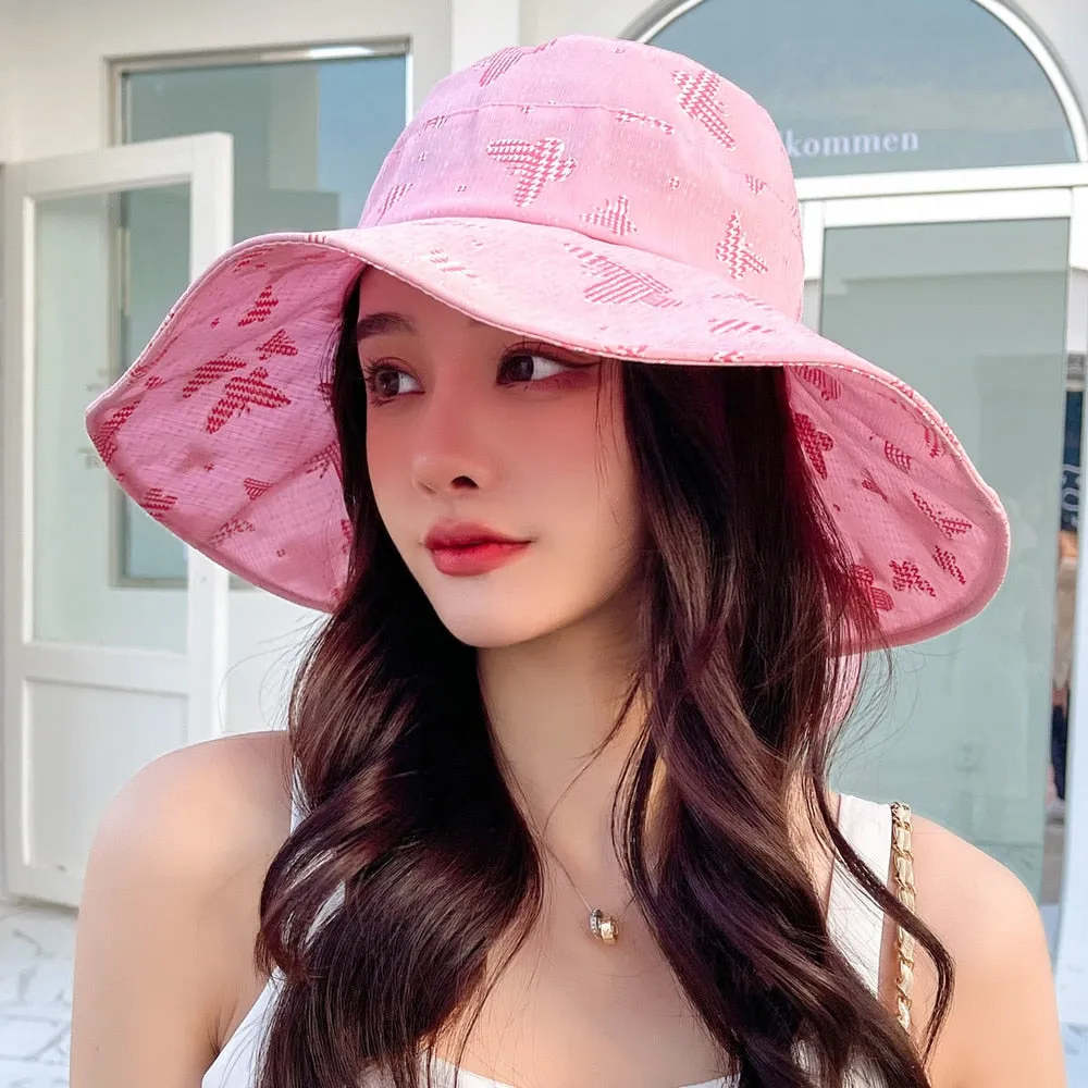Women Summer Sun Hat Fashion Bow Butterfly Print Sun Cap Female Outdoor Sun Protection Travel Beach Bucket Hat