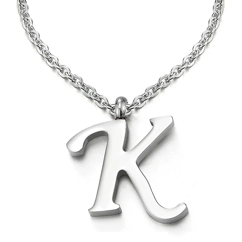 Womens Mens Steel Name Initial Alphabet Letter 26 A to Z Pendant Necklace with 20 inches Chain