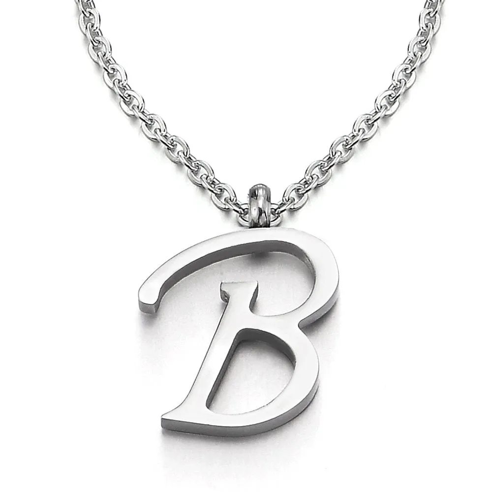 Womens Mens Steel Name Initial Alphabet Letter 26 A to Z Pendant Necklace with 20 inches Chain