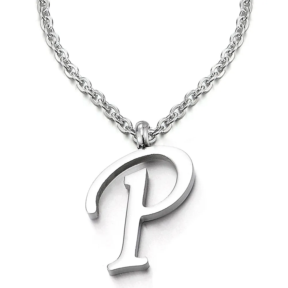 Womens Mens Steel Name Initial Alphabet Letter 26 A to Z Pendant Necklace with 20 inches Chain