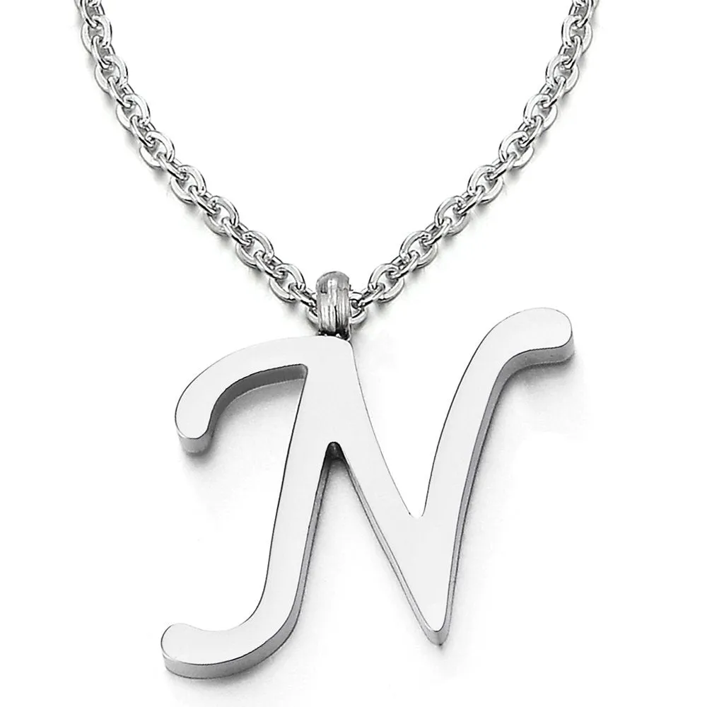 Womens Mens Steel Name Initial Alphabet Letter 26 A to Z Pendant Necklace with 20 inches Chain