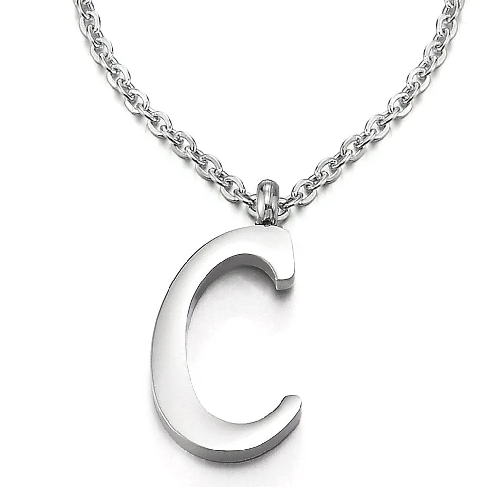 Womens Mens Steel Name Initial Alphabet Letter 26 A to Z Pendant Necklace with 20 inches Chain