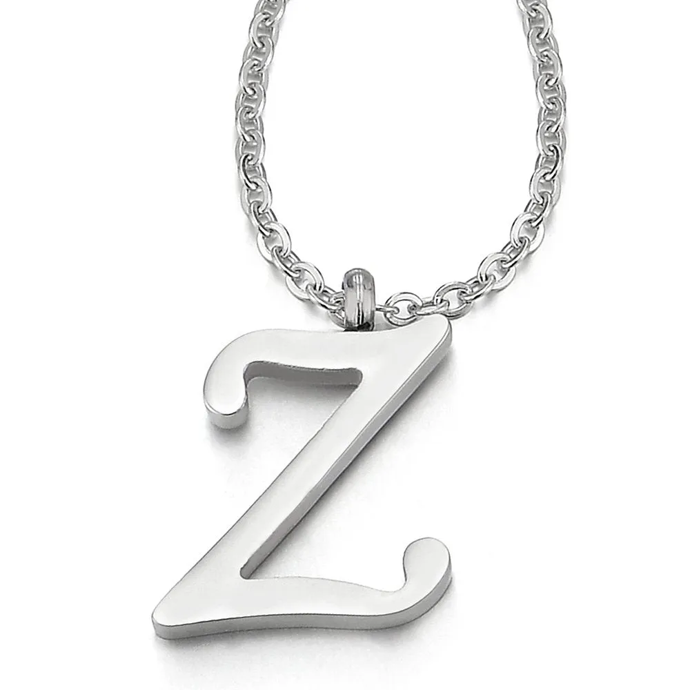 Womens Mens Steel Name Initial Alphabet Letter 26 A to Z Pendant Necklace with 20 inches Chain
