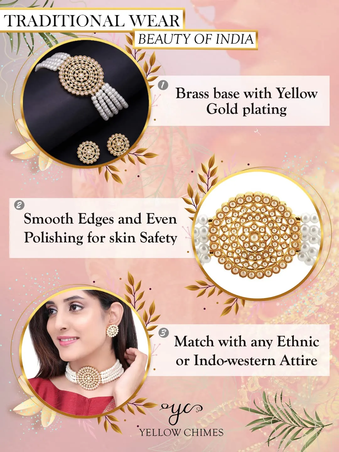 Yellow Chimes Ethnic Multilayer Pearl Beads Jewellery Set Traditional Choker Necklace Set for Women and Girls, gold, white, medium (YCTJNS-CKRPRL-WH)