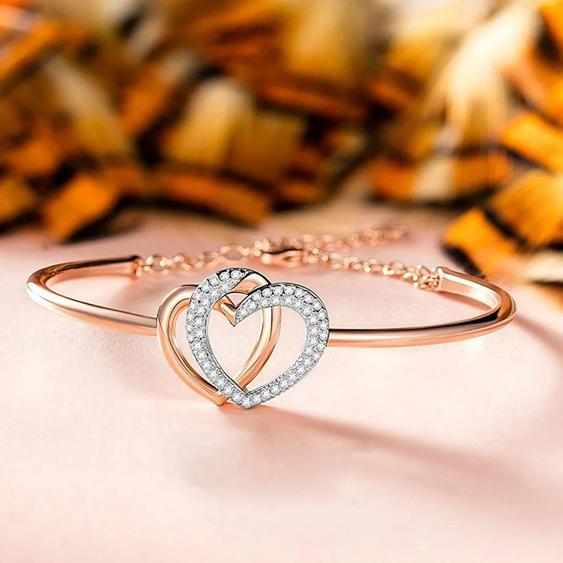 Yellow Chimes Rose Gold Twin Heart with Crystals Bangle Bracelet for Women and Girls