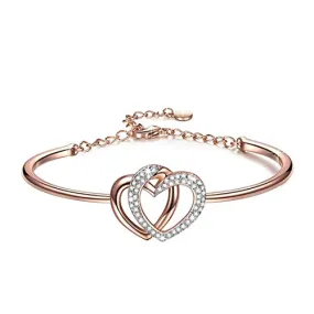 Yellow Chimes Rose Gold Twin Heart with Crystals Bangle Bracelet for Women and Girls