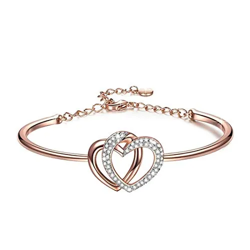 Yellow Chimes Rose Gold Twin Heart with Crystals Bangle Bracelet for Women and Girls