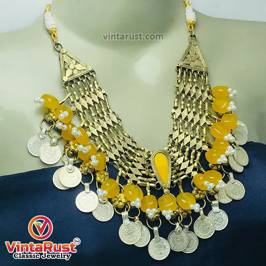 Yellow Choker Necklace With Beads and Glass Stones