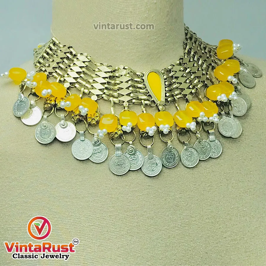 Yellow Choker Necklace With Beads and Glass Stones