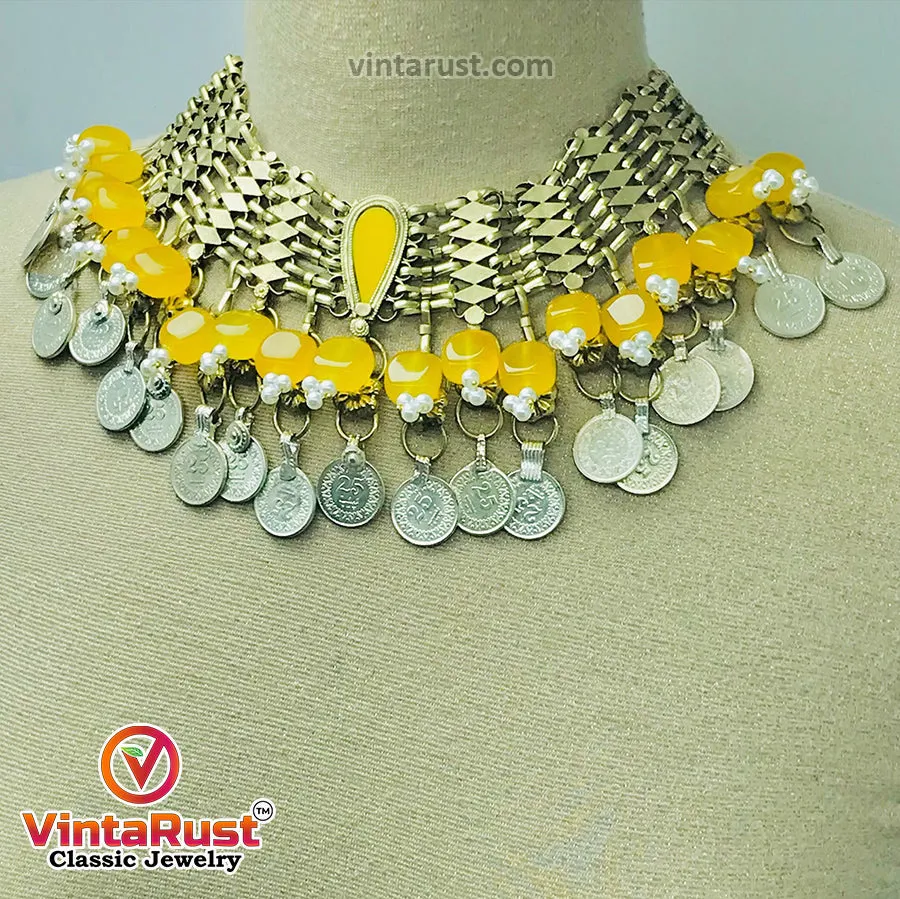 Yellow Choker Necklace With Beads and Glass Stones