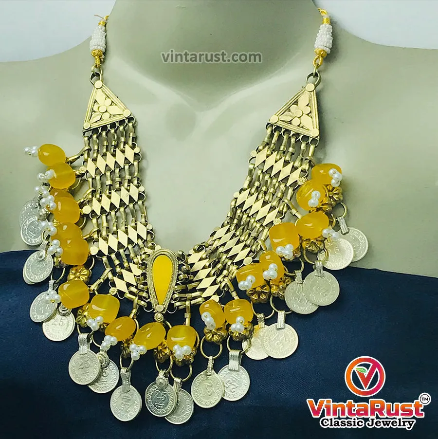 Yellow Choker Necklace With Beads and Glass Stones