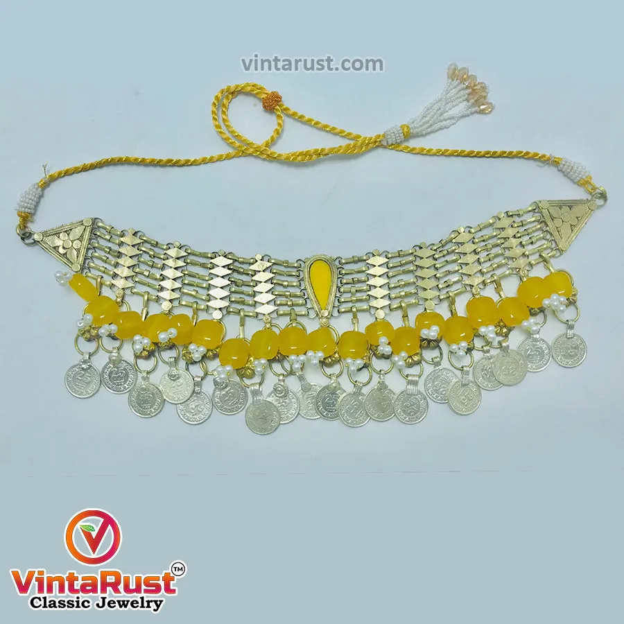 Yellow Choker Necklace With Beads and Glass Stones
