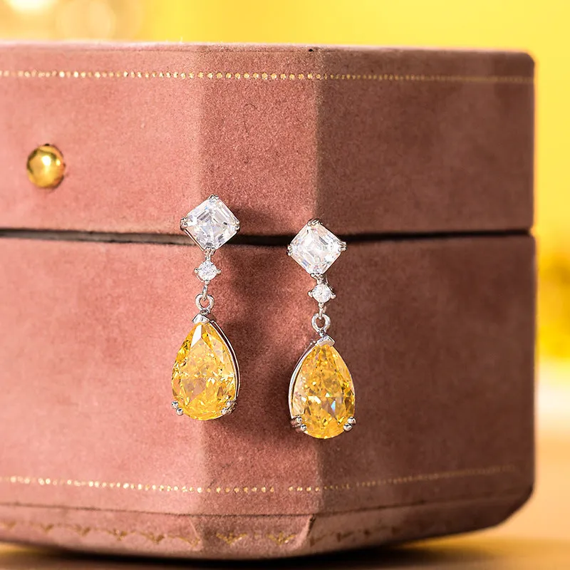 Yellow Pear Shape Zircon Silver Drop Earrings