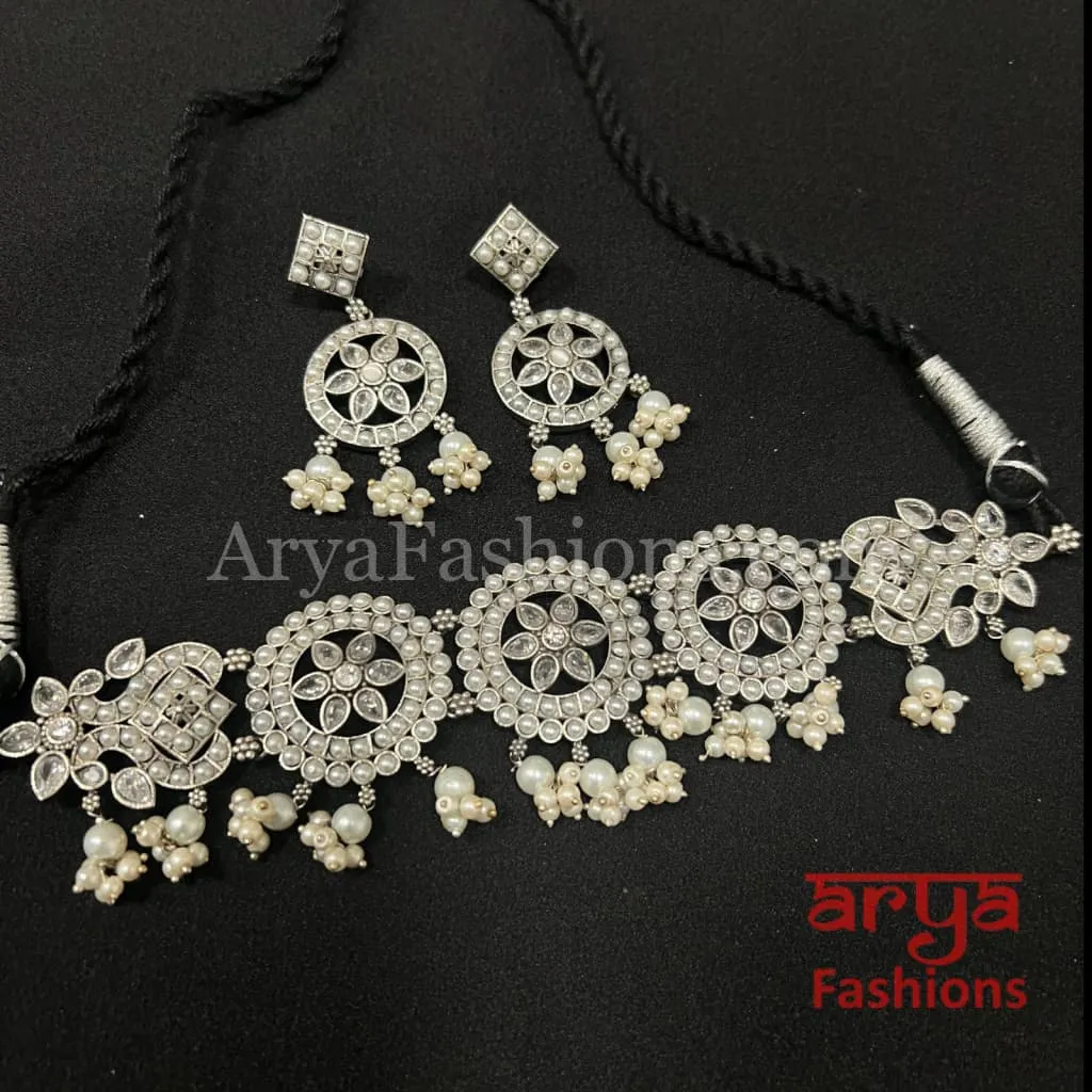 Zeba Designer Oxidized Tribal Choker Necklace with Multicolor Stones
