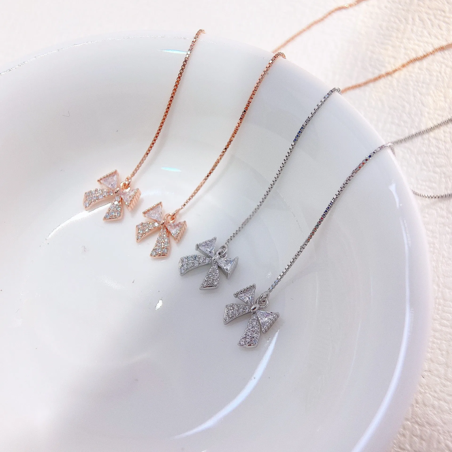 Zircon Bow Tassel Earline Silver Drop Earrings for Women