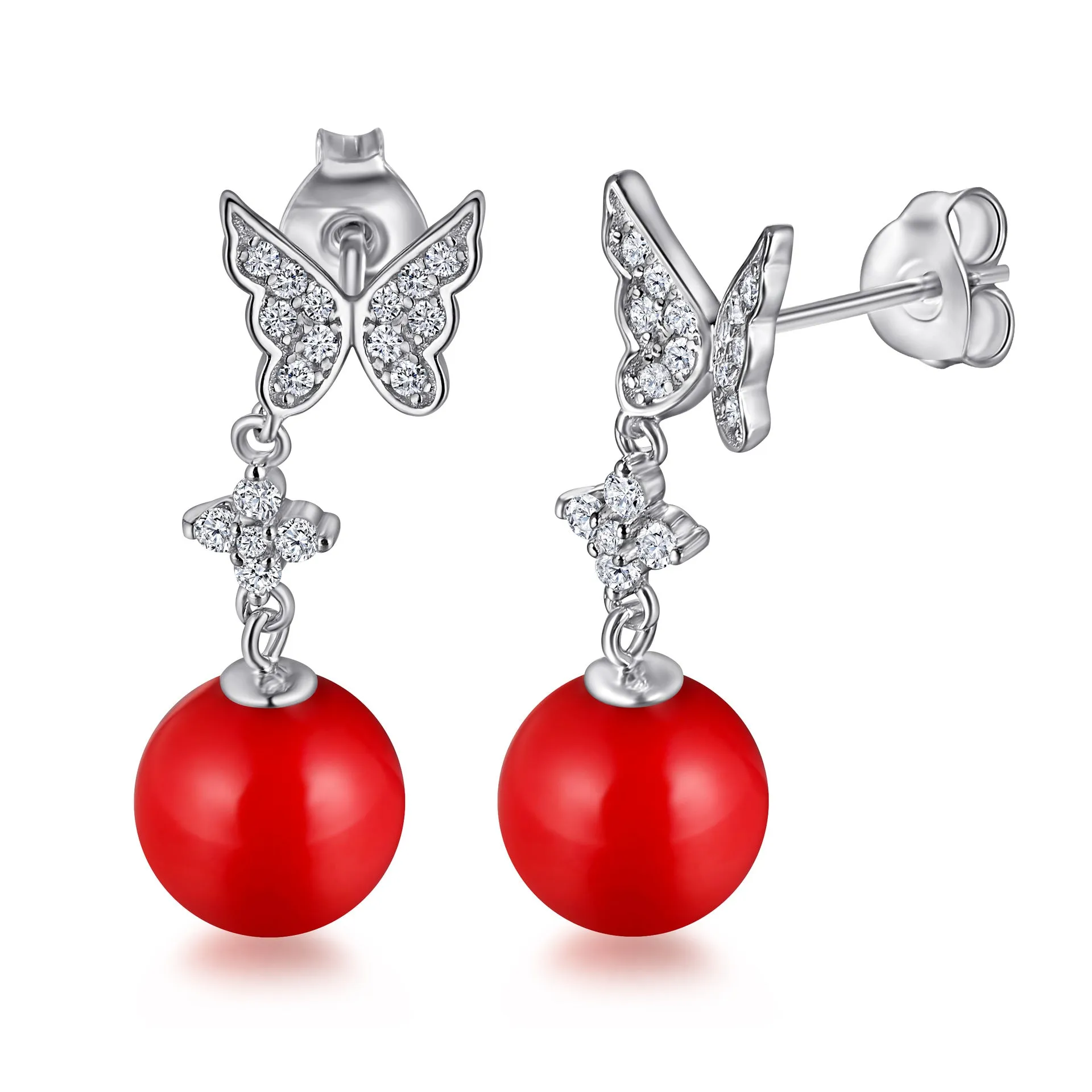 Zircon Butterfly Tassel Red Bead Silver Drop Earrings for Women