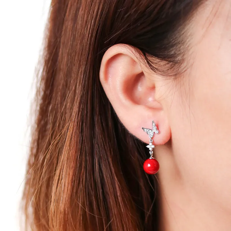 Zircon Butterfly Tassel Red Bead Silver Drop Earrings for Women