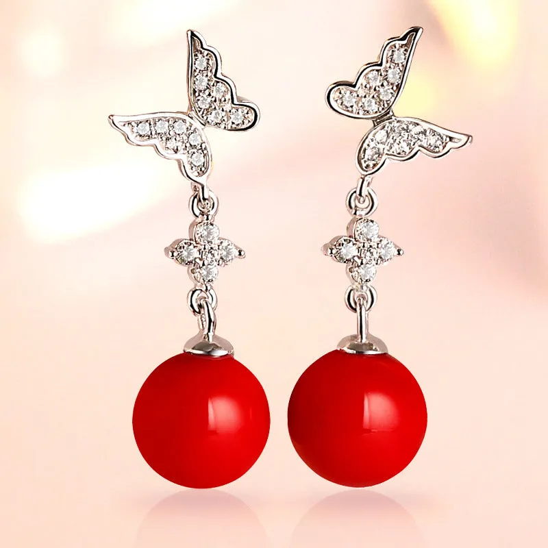 Zircon Butterfly Tassel Red Bead Silver Drop Earrings for Women