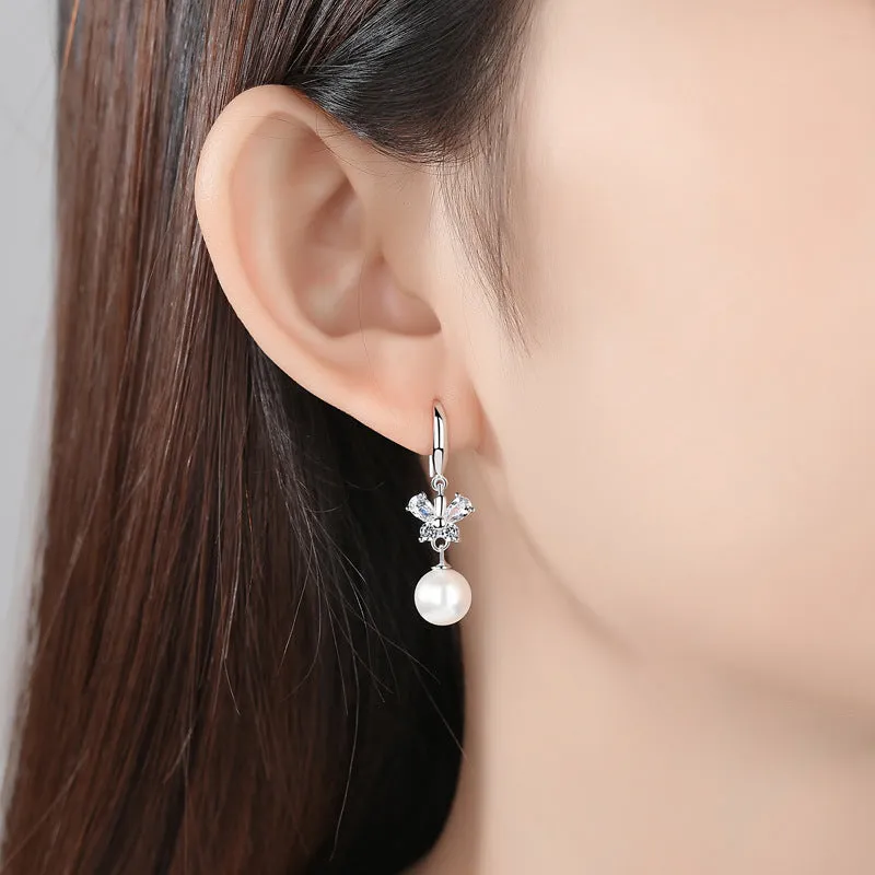 Zircon Butterfly with Pearl Pendant Silver Drop Earrings for Women