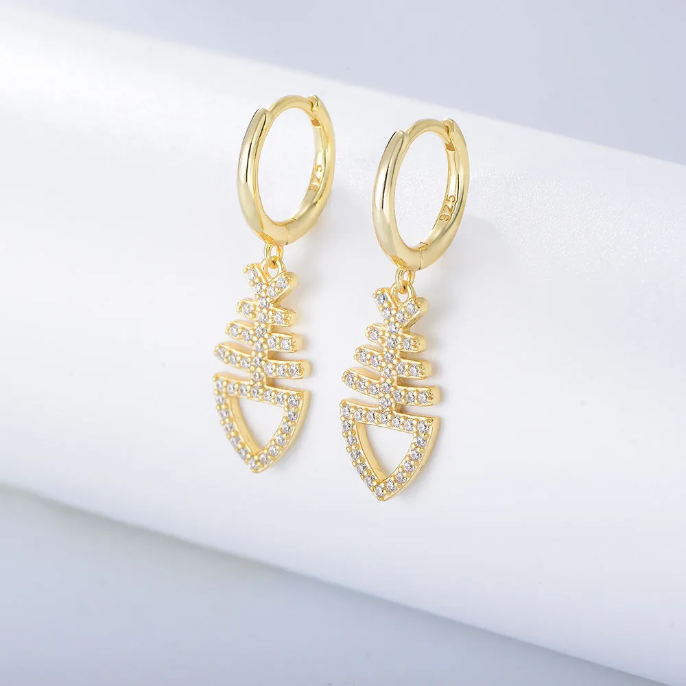 Zircon Fishbone Silver Drop Earrings for Women