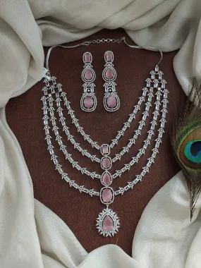 Zircon Layered Necklace Set in Pastel Baby Pink