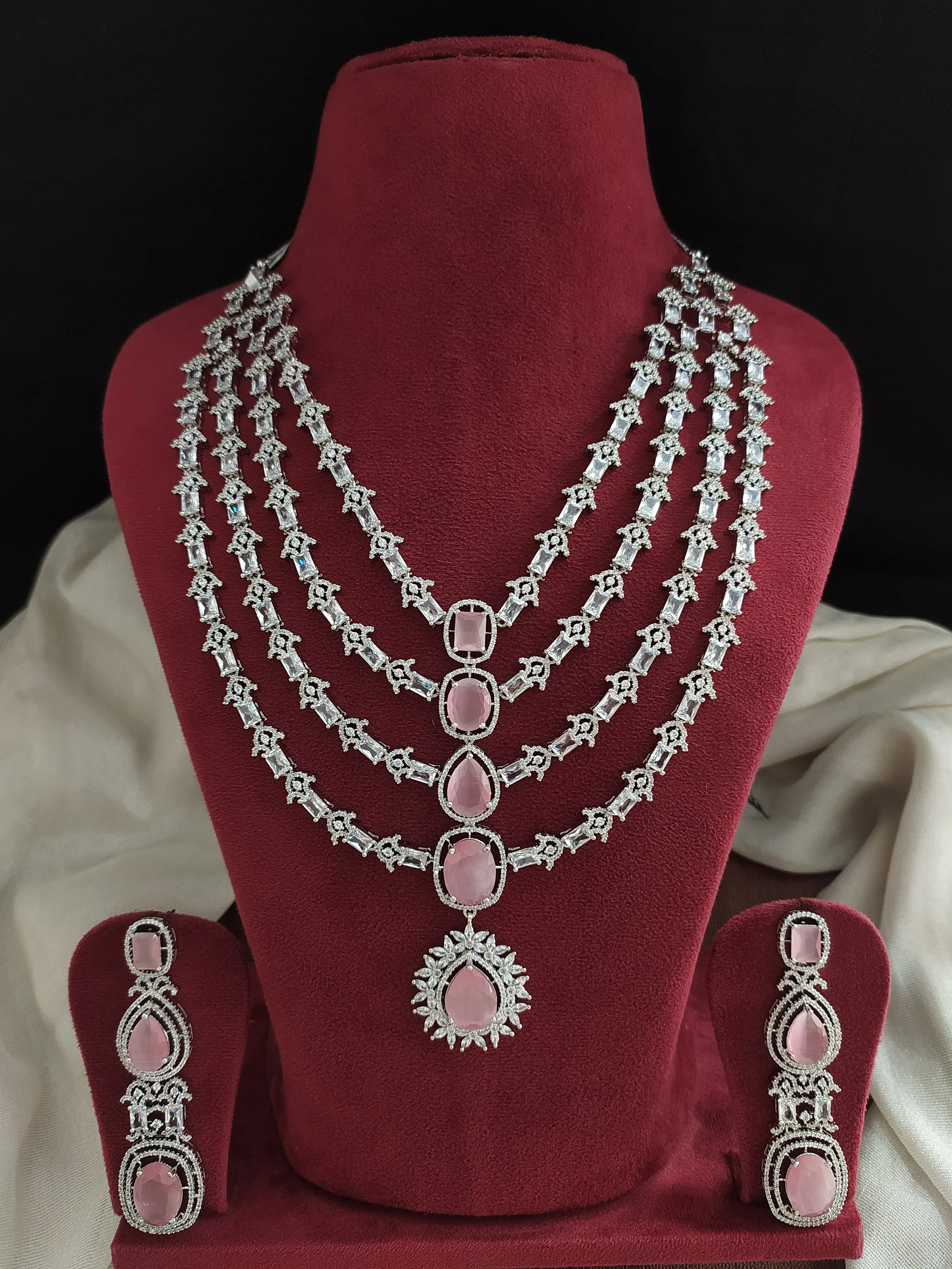 Zircon Layered Necklace Set in Pastel Baby Pink