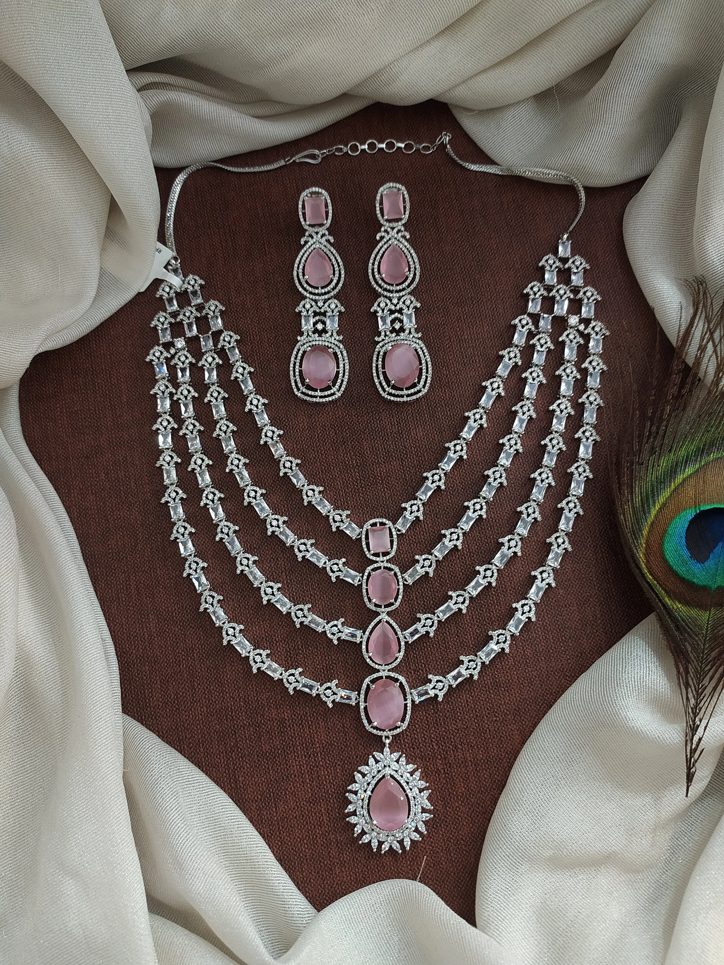 Zircon Layered Necklace Set in Pastel Baby Pink