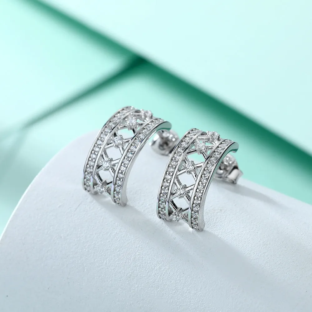 Zircon Net Half Circle Silver Studs Earrings for Women